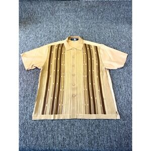 Michael 88 Irvin Knit Shirt Mens 2XL Tan Brown Striped Short Sleeve Button Up